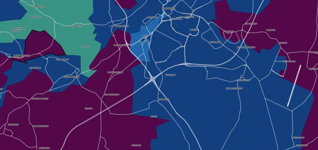 This map shows the case rate per 100,000 people in the Doncaster area for the seven days to November 9. Blue areas have arate of 200-399, burgundy 400-799, purple 800-plus.