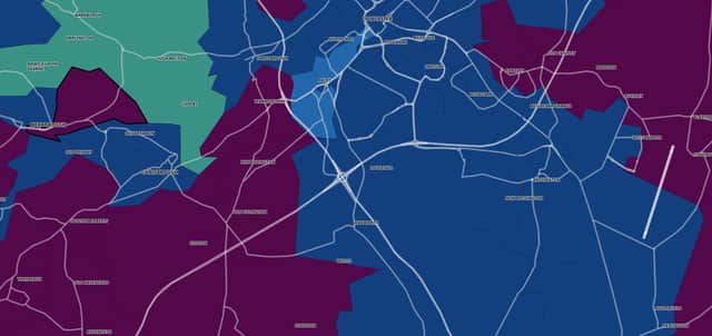 This map shows the case rate per 100,000 people in the Doncaster area for the seven days to November 9. Blue areas have  arate of 200-399, burgundy 400-799, purple 800-plus.