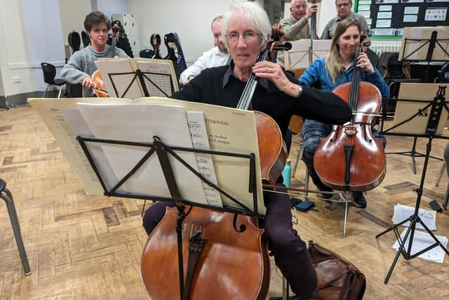 Cellist Joy Paul in action at a Hallam Sinfonia rehearsal