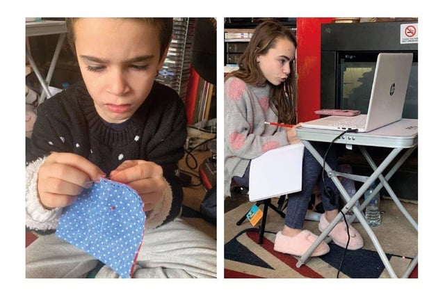 Marie Spencer's son learns to sew, while his sister looks to be doing some maths.