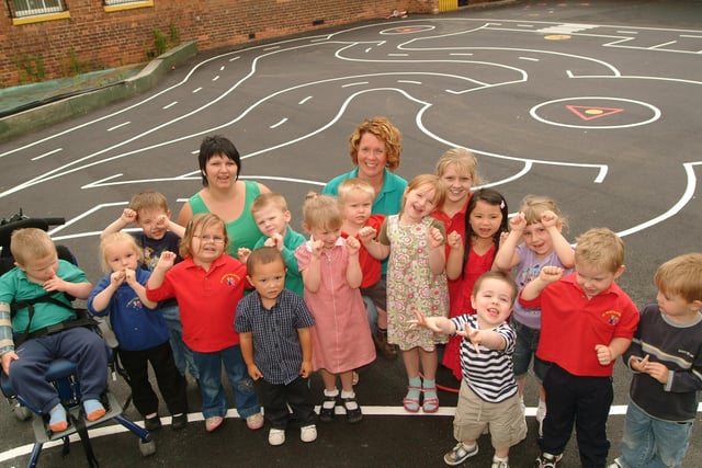 St Mary's Pre-School, Park Street, Worksop celebrate after receiving grant for £7,000 to renovate the playground.
Picture: includes staff Vickie Leech (SENCO Co-ordinator), Katy Dean (Deputy Manager) & Claire Blower (Principal Manager), with kids.