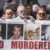Victims and campaigners outside Central Hall in Westminster, London, after the publication of the Infected Blood Inquiry report. Photo: Jeff Moore/PA Wire