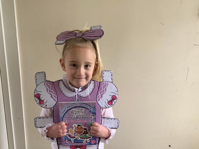Chloe age 5 from Portchester dressed as Paper Dress up Doll for World Book Day.