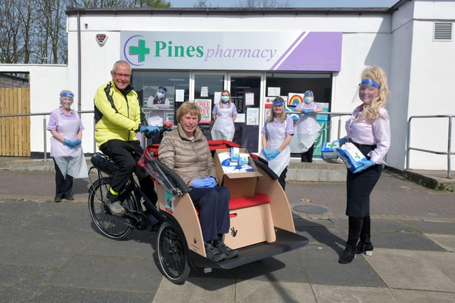 Pines Pharmacy, Denny retired GP Ken McLean delivering prescriptions by trishaw.
