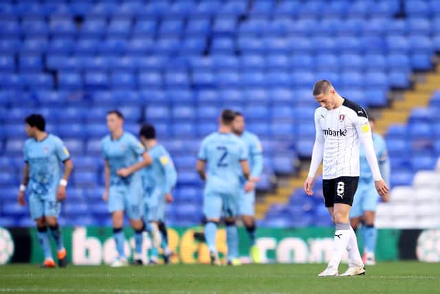 A dejected Ben Wiles, of Rotherham United, reacts after Coventry City score their second goal during the Sky Bet Championship clash between the two sides at St Andrew's on Saturday. (Photo by Alex Pantling/Getty Images)