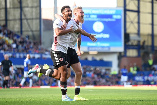 Summer signing  Lys Mousset celebrates with Oli McBurnie after scoring the second goal in United's 2-0 win at Everton in September.