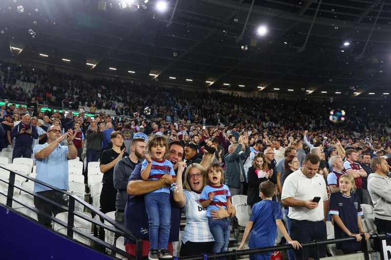 West Ham fans can celebrate having the 'most affordable' season ticket in the Premier League. Their cheapest season ticket is priced at £320, meaning on average, a supporter would have to work for approximately four days in order to afford it.
(Photo by Julian Finney/Getty Images)