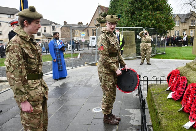 Army Cadets do their duty, laying a wreath at the Remembrance Sunday event in Zetland Park