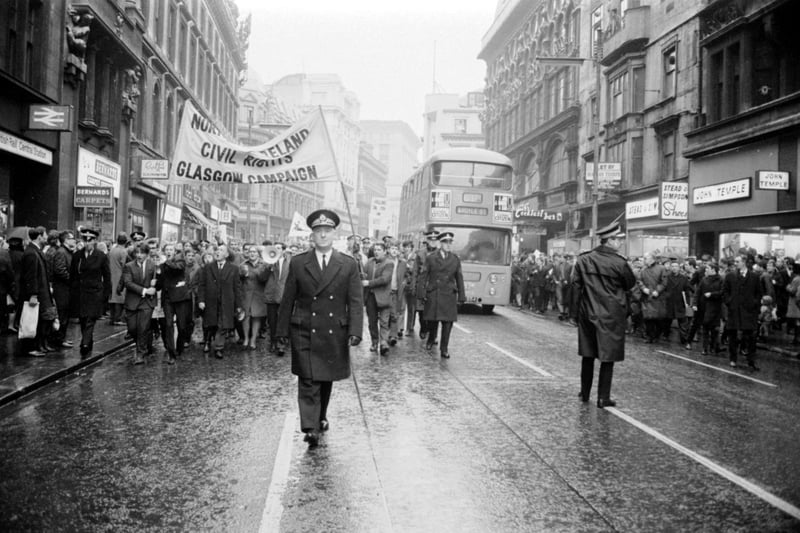 It was the 1980s when Glasgow took a sharp dive. The Thatcher era and de-industrialisation badly affected all aspects of live in Glasgow, including the social aspect. In this picture we see a demonstration in support of civil rights in Northern Ireland - action like this was becoming more and more common as Glaswegians voiced their distrust of the British Government and their treatment of the city, the UK, and the people living there.