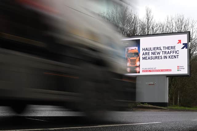 Billboard warning hauliers of the new documentation required to travel through Kent for access to the Port of Dover or Eurotunnel since Britain left the EU single market and customs union at a service station off the M25 motorway in Greater London. (Photo by DANIEL LEAL-OLIVAS/AFP via Getty Images)