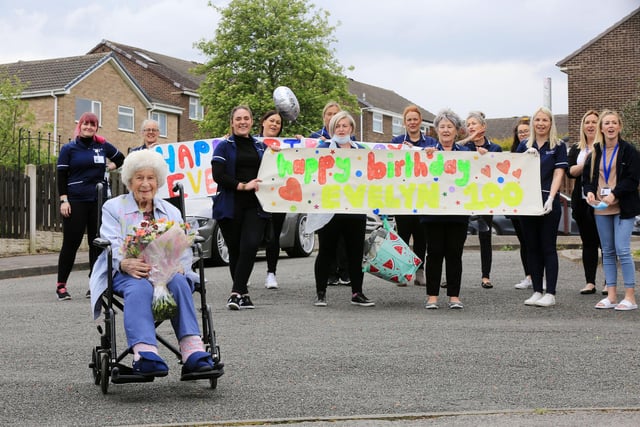 Carers at Sarah Care Ltd held a special socially-distanced surprise 100th birthday party for Evelyn Jackson, who was born on Suffolk Road close to Sheffield city centre a century ago.