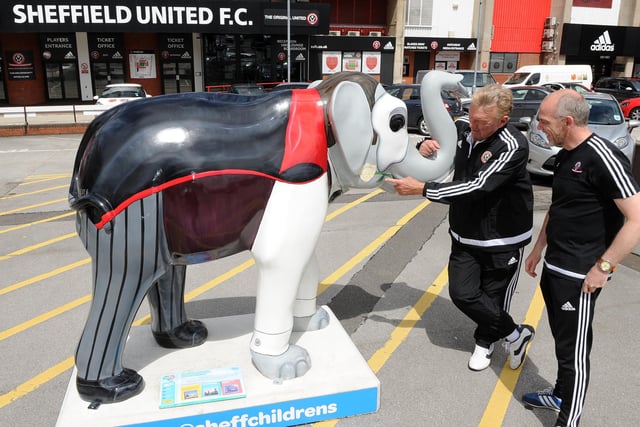 Ex Sheffield United player Tony Currie and Head of Community Mark Todd look at an elephant outside Sheffield United Football Club, which is part of the Herd trail. Picture: Andrew Roe