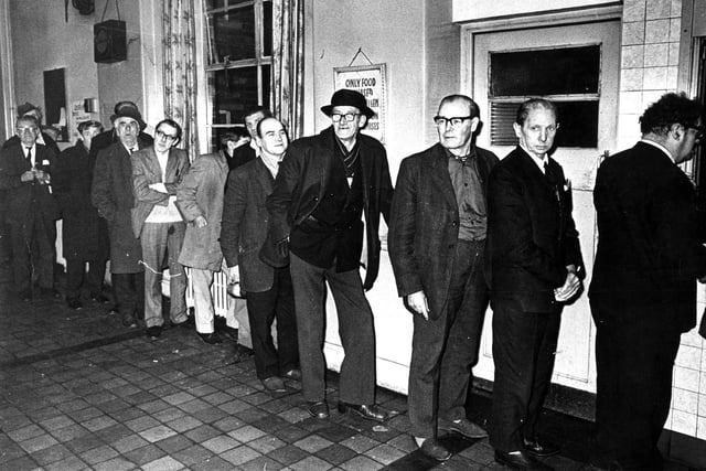 Regulars queue for a meal at the Salvation Army Hostel on Sheffield's Charter Row in 1978