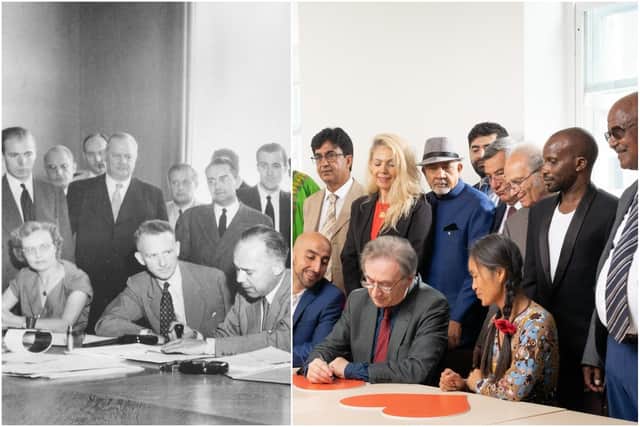 The iconic photo from the signing of the UN Refugee Convention in 1951 has been recreated by refugees from across those seven decades.
