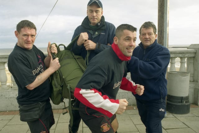 A 9 mile run carrying a 35 kilo pack was the challenge facing this runner in 2002. Here are Ray Irwin,  Sean Corcoran and Ronald Garner with Deano Franciosy.