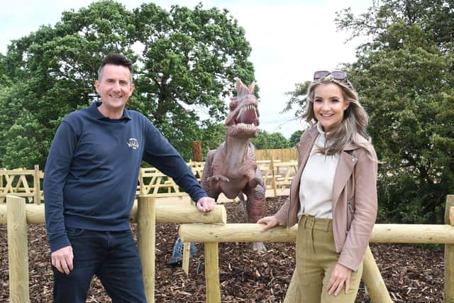 Helen Skelton opens Pangea, the parks spectacular dinosaur exhibition. Pictured with CEO John Minion.