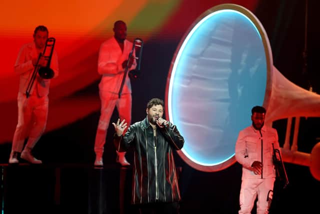 ROTTERDAM, NETHERLANDS - MAY 22: James Newman of United Kingdom during the 65th Eurovision Song Contest grand final held at Rotterdam Ahoy on May 22, 2021 in Rotterdam, Netherlands. (Photo by Dean Mouhtaropoulos/Getty Images)
