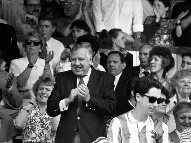 Labour Deputy Leader Roy Hattersley amongs the crowds at the Sheffield Wednesday v Nottingham Forest match, May 5, 1990
