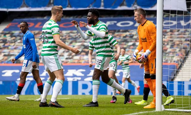 Celtic striker Odsonne Edouard celebrates with Kris Ajer after scoring to make it 1-1. (Photo by Craig Williamson / SNS Group)