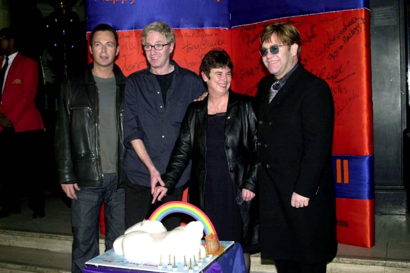 Julian Clary, Paul O’Grady, Angela Mason and Elton John cutting the cake (made and donated by Jane Asher), for Stonewall’s 10th birthday in 1999.