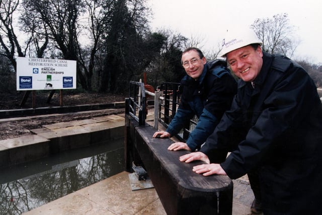 John Nutttall, Project Manager for British Waterways (left) and Chris Blankley, Senior Development Executive for English Partnerships (right) celebrate the completion of the first additional lock to be created on the Chesterfield Canal as part of its restoration in 1998