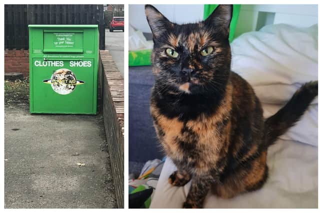 Martha the cat was lucky to survive after being dumped in a charity collection bin in the car park of The Water Tower Pub, on Hemsworth Road, in Norton, Sheffield. The RSPCA is trying to find the culprit