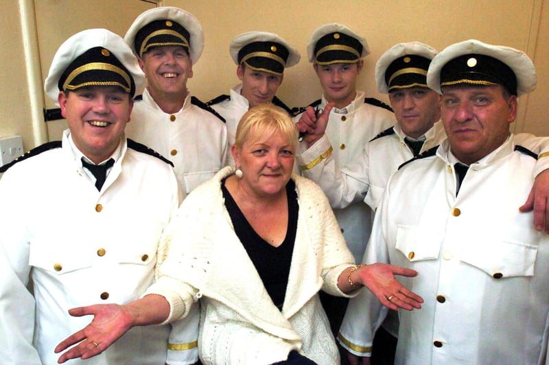 Pictured at the Penguin Pub, Mason Lathes Road, Shiregreen, Sheffield, where a charity event was held  in 2006 to raise money for the Harvey Phillips Trust. Seen is Landlady Lesley Tuckwood with six of her locals who were performing a Full Monty at the event. Included in the line up were, Mark Bell, Lance Wood, Andrew Woods, Dennis Kelk, Neil Cooper, and Steve Rimmigton.