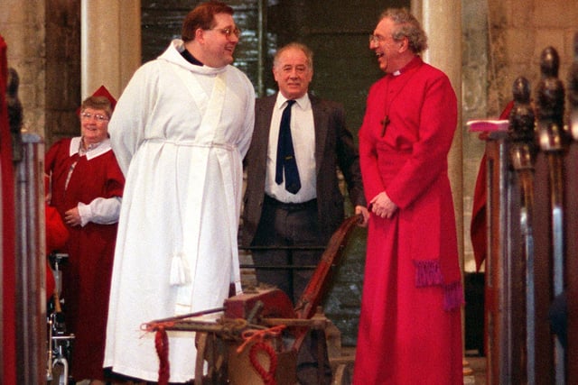 Pictured in 1999 at the annual blessing of the plough service at Saint Mary's Church, Tickhill were, left to right, Rev Andrew Teal, vicar of St Mary's, local farmer Derrick Brookfield and the Bishop of Doncaster the Right Reverand Michael Gear.
