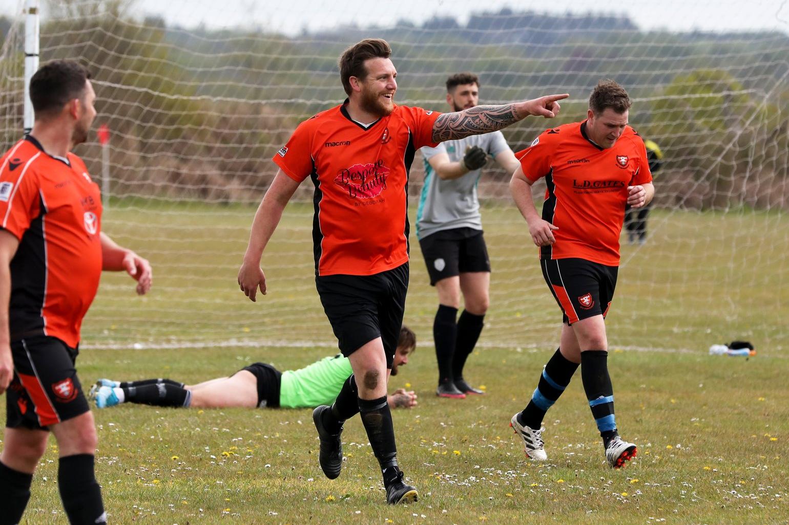 Luke Musselwhite celebrates netting for AFC Portchester Reserves in their 2-2 draw with Freehouse. Picture: Sam Stephenson