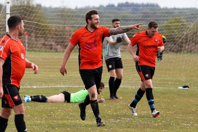 Luke Musselwhite celebrates netting for AFC Portchester Reserves in their 2-2 draw with Freehouse. Picture: Sam Stephenson