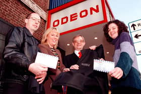 1997 Doncaster Starship Troopers competition winners. L-R Peter Oddy (runner up) of Intake, Jane Ford (Doncaster Star Classifieds Supervisor), Ted Adams (Odeon Manager), Donna Rigby (winner) of Stainforth