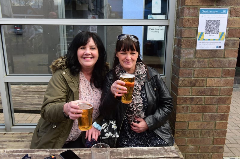 Friends Lesley Dickinson and Claire Todd enjoying a drink at the Clover & Wolf, South Shields on Monday.