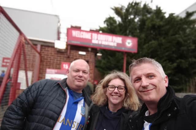 Owls supporter Rob Shirley with fellow Wednesday fans Mike and Kate Tripp at Brentford earlier this month.