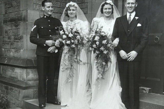 The wedding of, left to right, Harry Richmond, sisters Kathleen Richmond and  Monica Schofield and Harold Schofield pictured June 21, 1941 outside St Oswaldes Church, Millhouses