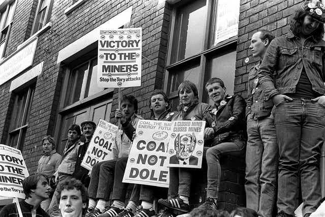 The NUM delegates meeting at the City Memorial Hall, Sheffield, is lobbied by striking miners in April 1984