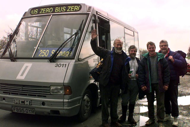 Mountaineer and Climber Chris Bonnington and climbing friends board the new bus to Stanage Edge in 1998