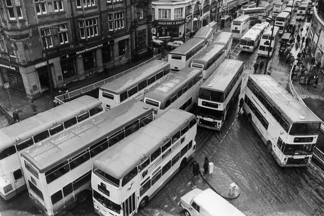 Bus congestion on Sheffield's High Street in January  1980.
