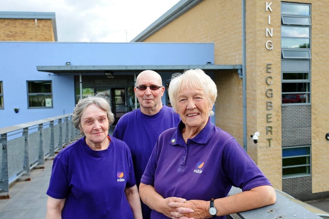 Joyce Simpson, who retired at King Ecgbert's School after working at the school for over 40 years. She is pictured here with work colleagues Denise Hanson and Phil Ward