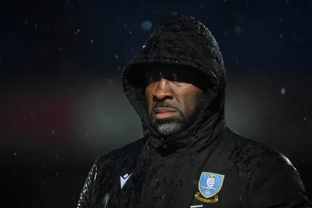 CHELTENHAM, ENGLAND - MARCH 29: Darren Moore, Manager of Sheffield Wednesday, looks on during the Sky Bet League One between Cheltenham Town and Sheffield Wednesday at Completely-Suzuki Stadium on March 29, 2023 in Cheltenham, England. (Photo by Dan Mullan/Getty Images)