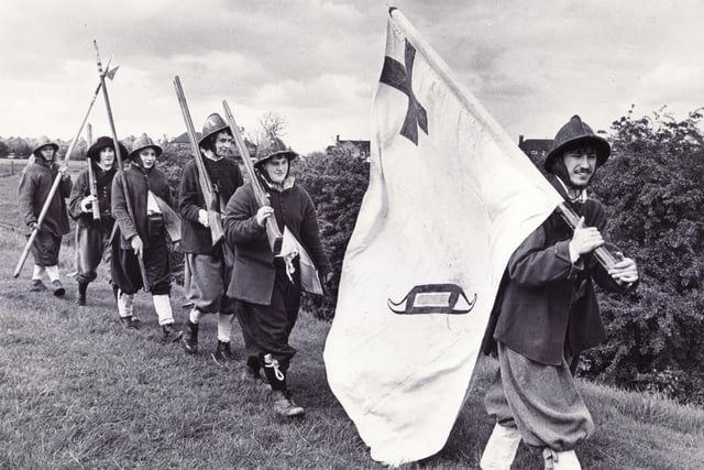 Members of the English Civil War Society, representing Colonel Montagu's Regiment of Foot at Charnock Gala, Charnock Middle School, Gleadless, Sheffield May 16, 1981