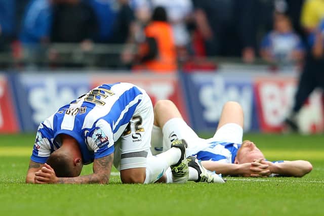Sheffield Wednesday pair Jack Hunt and Barry Bannan collapse in dejection after losing the 2016 Wembley play-off final.
