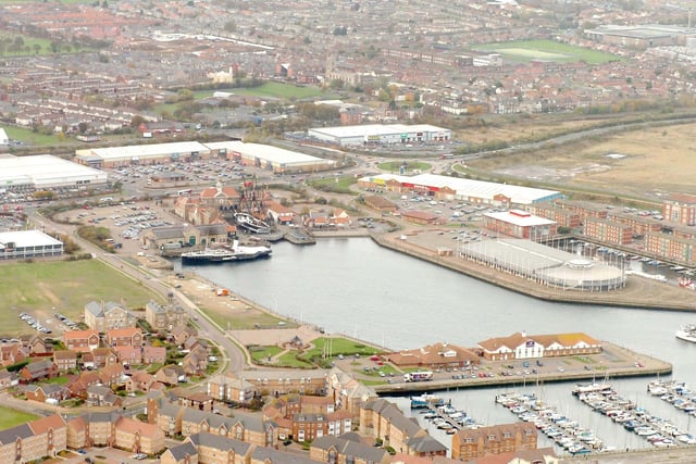 This great aerial shot shows the Jackson Dock, Hartlepool Maritime Experience including HMS Trincomalee and the Wingfield Castle paddle steamer.
The old Jacksons Landing shopping mall can be seen to the right and opposite is The Highlight shopping area. The Anchor Retail site is at the top of the picture with ASDA to the left.