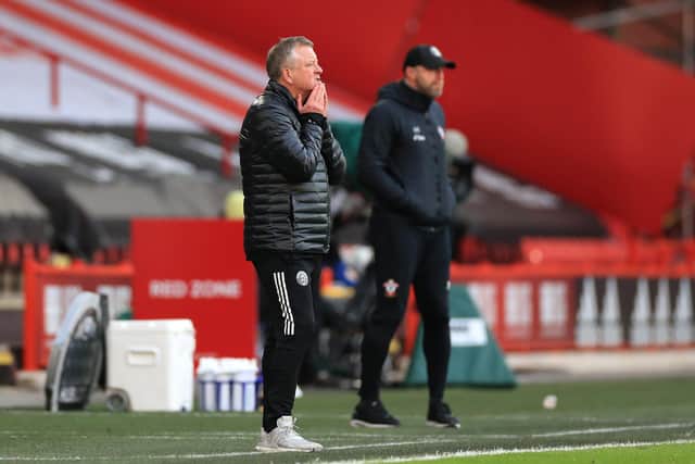 Chris Wilder watches his final game in charge of Sheffield United, a 2-0 defeat by Southampton: Mike Egerton - Pool/Getty Images
