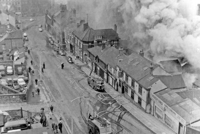 Huge plumes of smoke can be seen here billowing from a fire on Broad Street, Sheffield, most probably at the rope and twine works belonging to J.H. Mudford, on April 23, 1967
