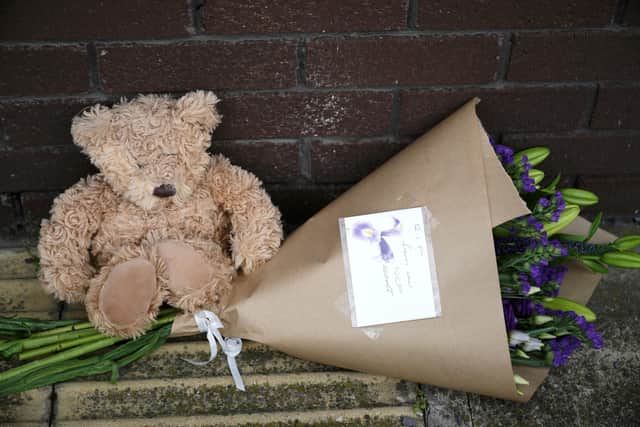 A teddy bear and flowers outside the OYO Metropolitan Hotel in Blonk Street, Sheffield. (Photo by Christopher Furlong/Getty Images)