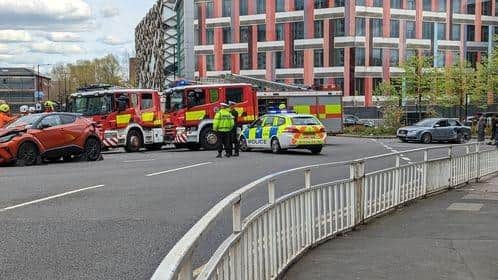 Police and fire crews at the scene of a collision at University Square roundabout in Sheffield city centre on Monday, April 18 (pic: Lord Neco, via Facebook)