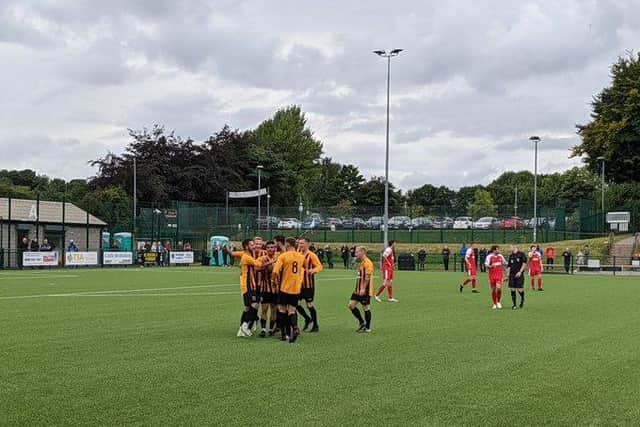 Handsworth upset the odds against higher division Stocksbridge to progress in the FA Cup. Photo: Sheffieldfootball.com.