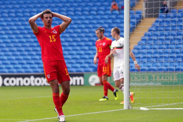 Wales' Ethan Ampadu reacts to a missed chance during the UEFA Nations League Group 4 match at Cardiff City Stadium, Cardiff. David Davies/PA Wire.
