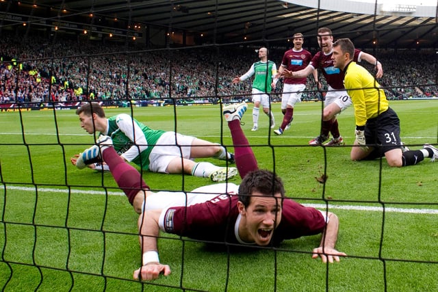 Ryan McGowan celebrates scoring Hearts' fourth in their 2012 Scottish Cup final thumping of their rivals as Paulo Sergio's men end the day 5-1 victors.