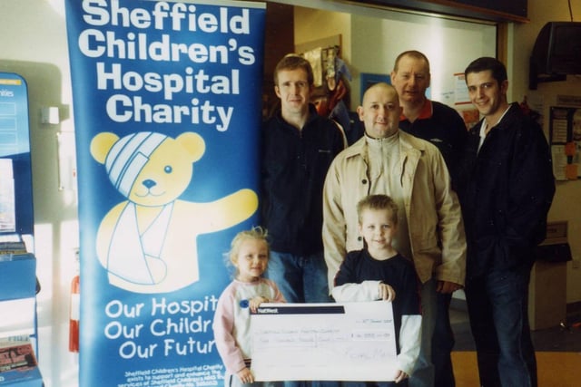Employees at Sheffield's Royal Mail Centre - including one who ran in the New York marathon - raised £4,000 for Sheffield Children's Hospital Charity in 2005 by taking part in sporting activities. Pictured from left, Andy Thurfit, Ian Cook, John Peters and marathon runner Andrew Hynd with Sam Whitlam and Claudia Rose McArdle